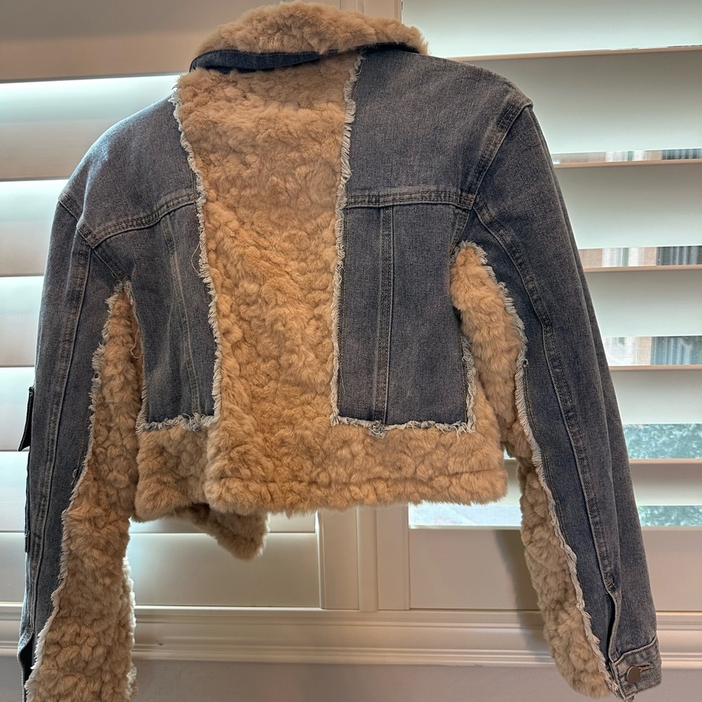 Fashion Nova Light Blue Denim Jacket with Tan Faux Fur - Picture 9 of 12